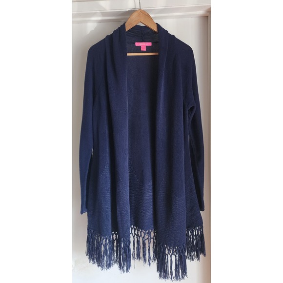 Lilly Pulitzer Tatum Navy Blue Knit Fringe Trim Open Front Cardigan Sweater Sz M - Picture 2 of 5
